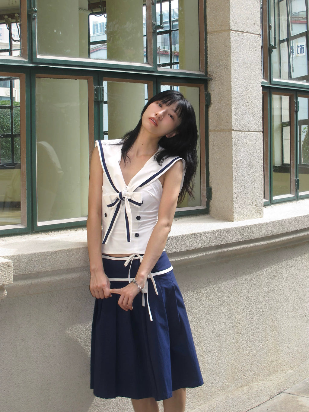 Enteralt Waist Vest Lace-up Pleated Skirt Set