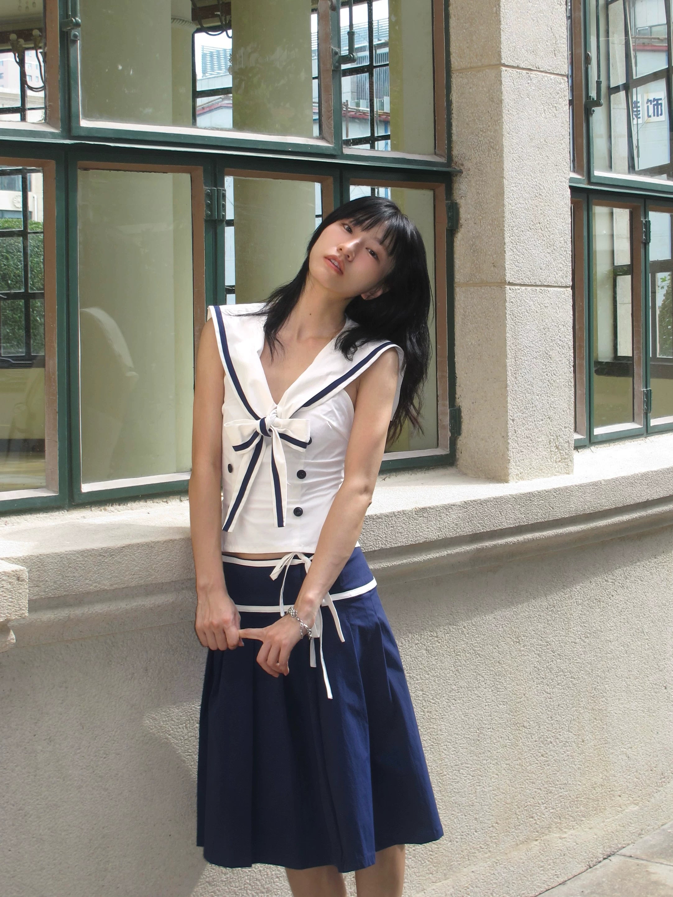 Enteralt Waist Vest Lace-up Pleated Skirt Set