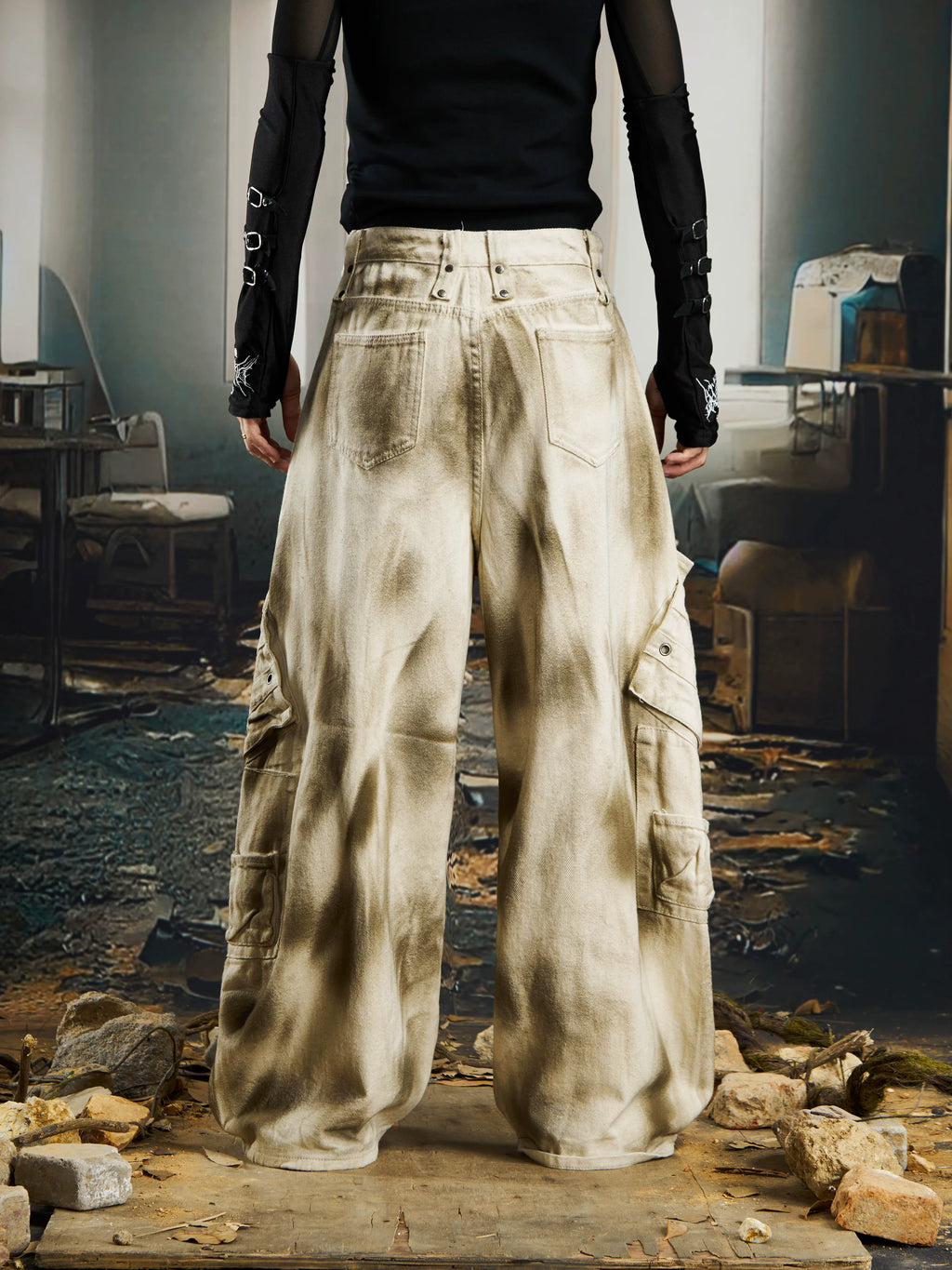 NOMANIAI Inkjet Washing Water Multi-pocket Wasteland Wind Overalls Jeans