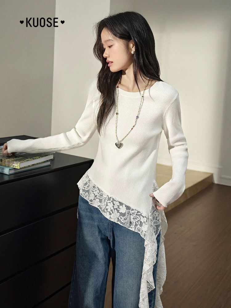 Kuose Irregular Lace Temperament Bottomed Knitted Sweater