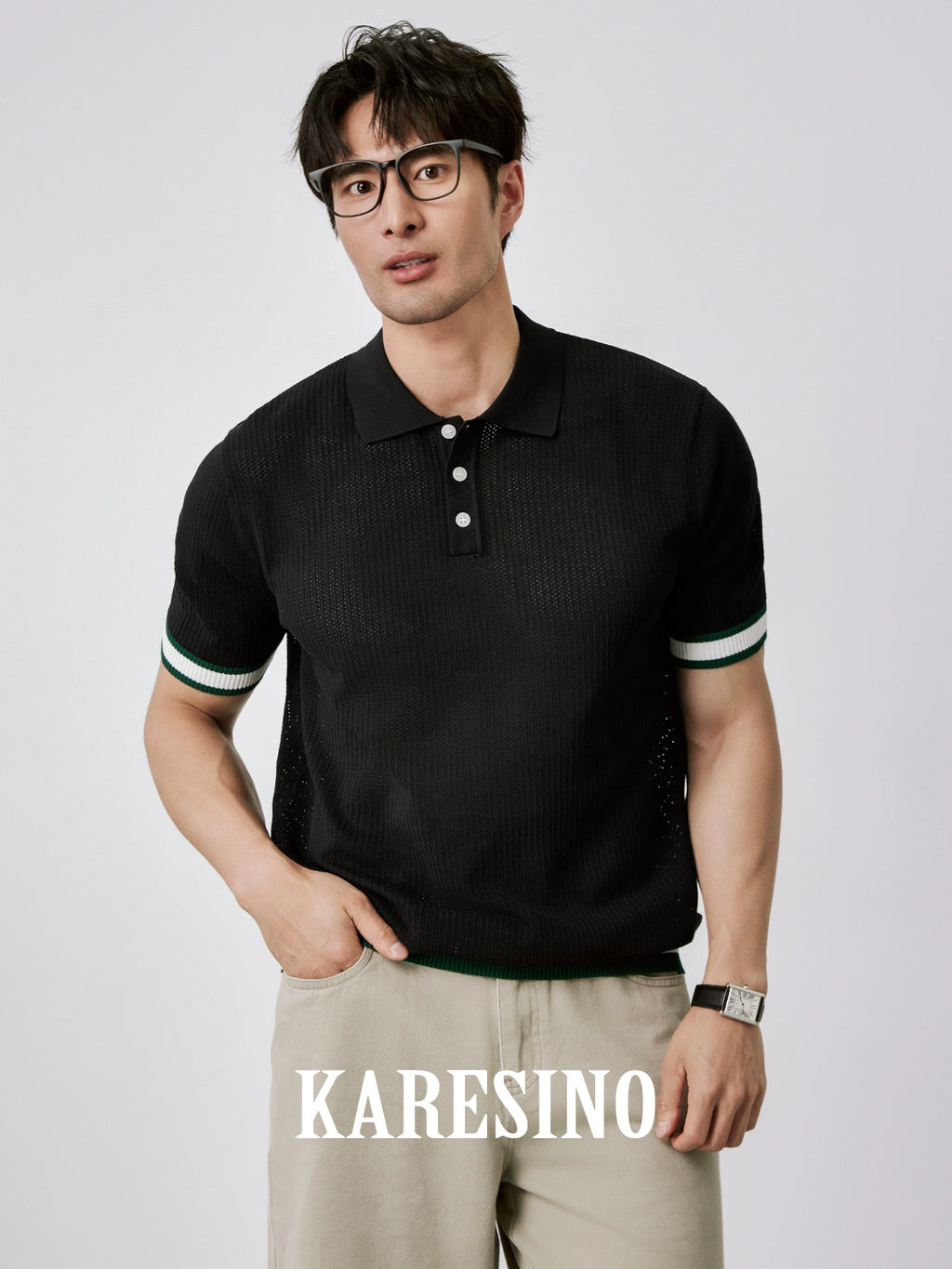 KARESINO Breathable Hollow Mesh Contrast Knitted Polo Shirt