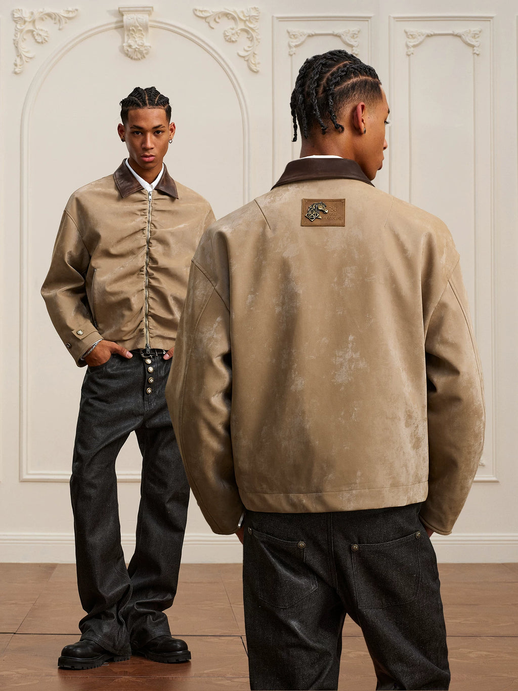 YADcrew Real Sheepskin Collar Pleated Velvet Leather Lapel Jacket