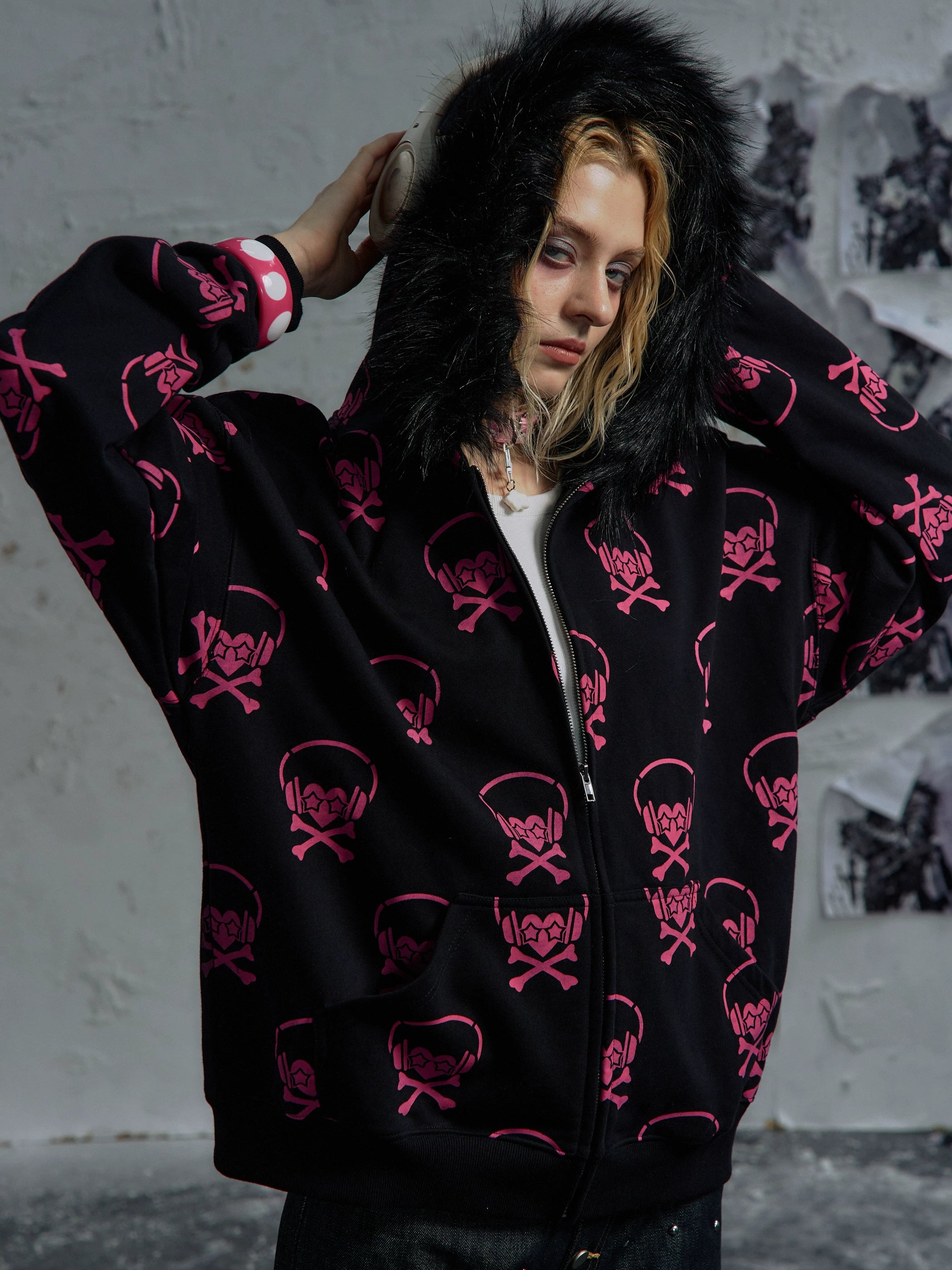 PAIKI Full of Headphones Skull Fur Collar Jacket