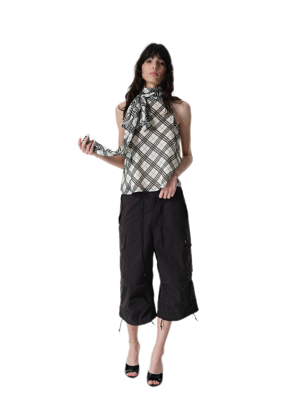 Two Little Guys Plaid Stand-up Collar Folded Adjustable Streamer Sleeveless Shirt