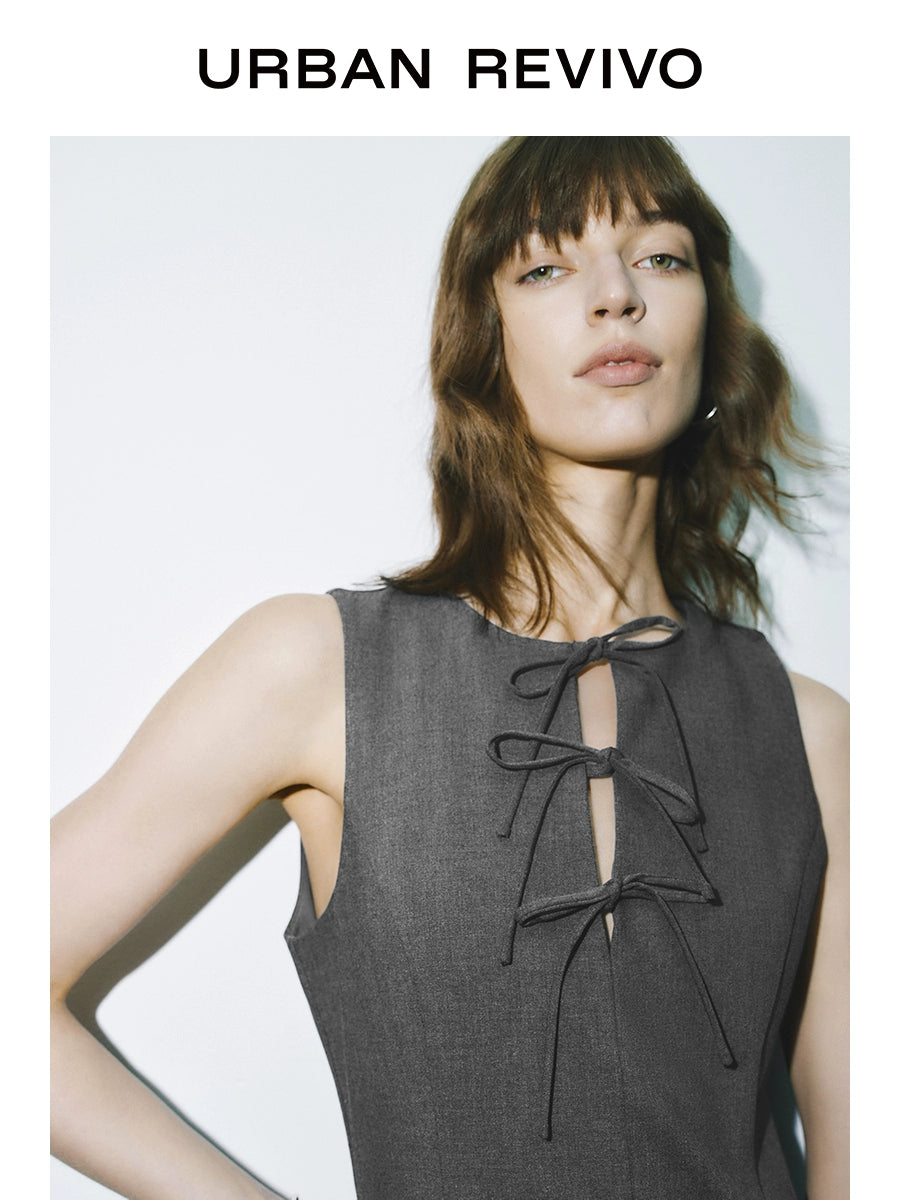 URBAN REVIVO Grey Bow-tie Sleeveless Dress