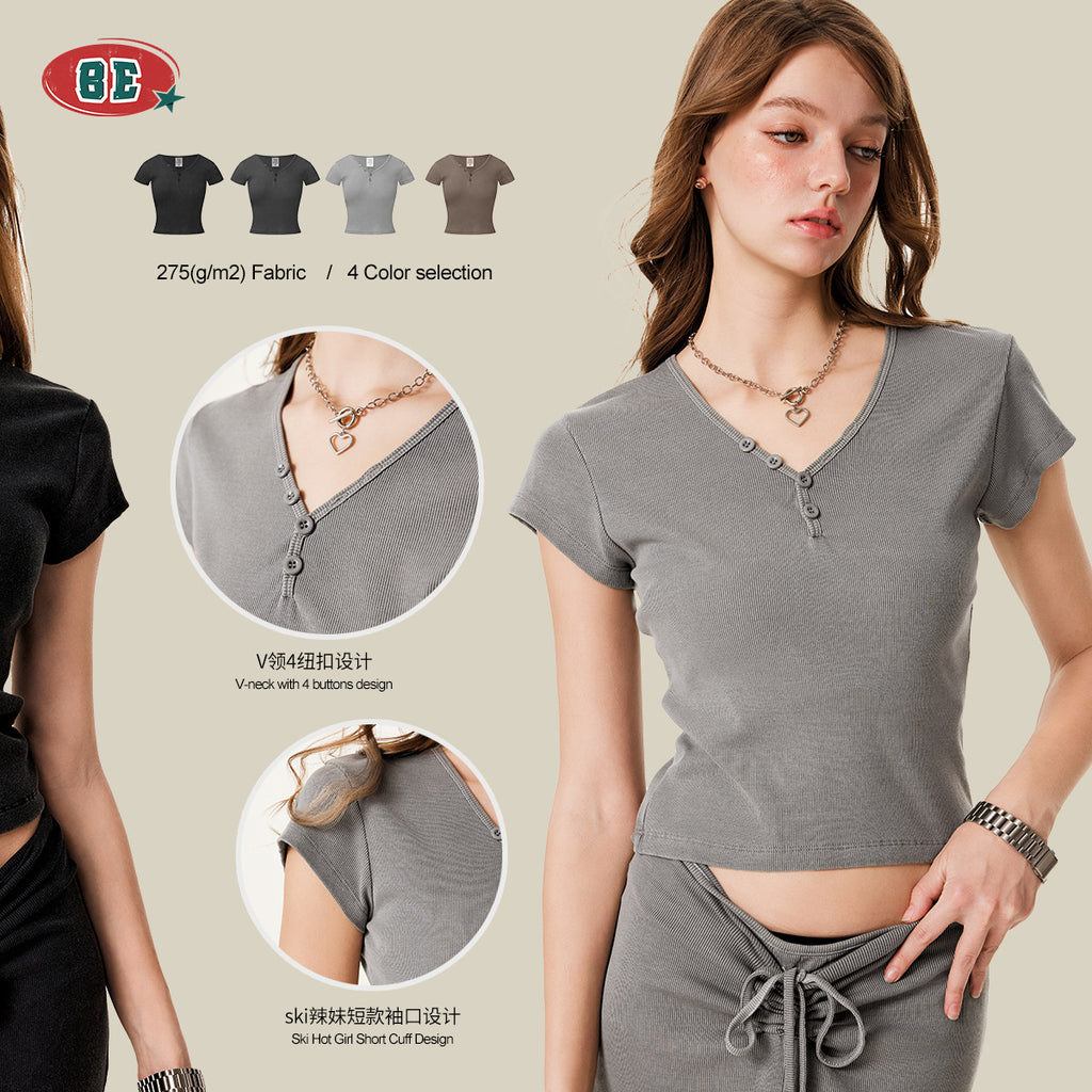 BE Women's slim fit top button v-neck tee