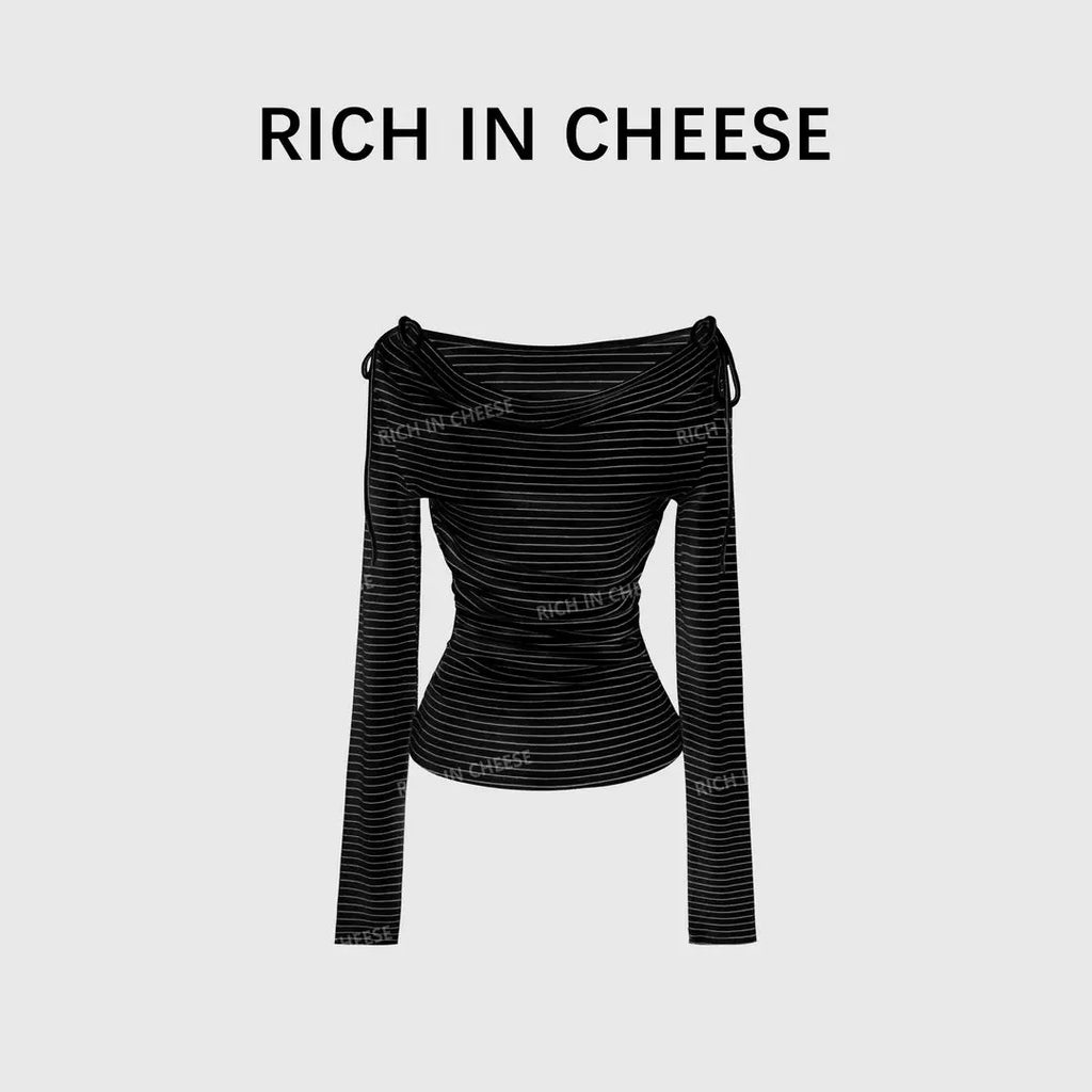 RICH IN CHEESE Striped Bow Knitted Long Sleeve