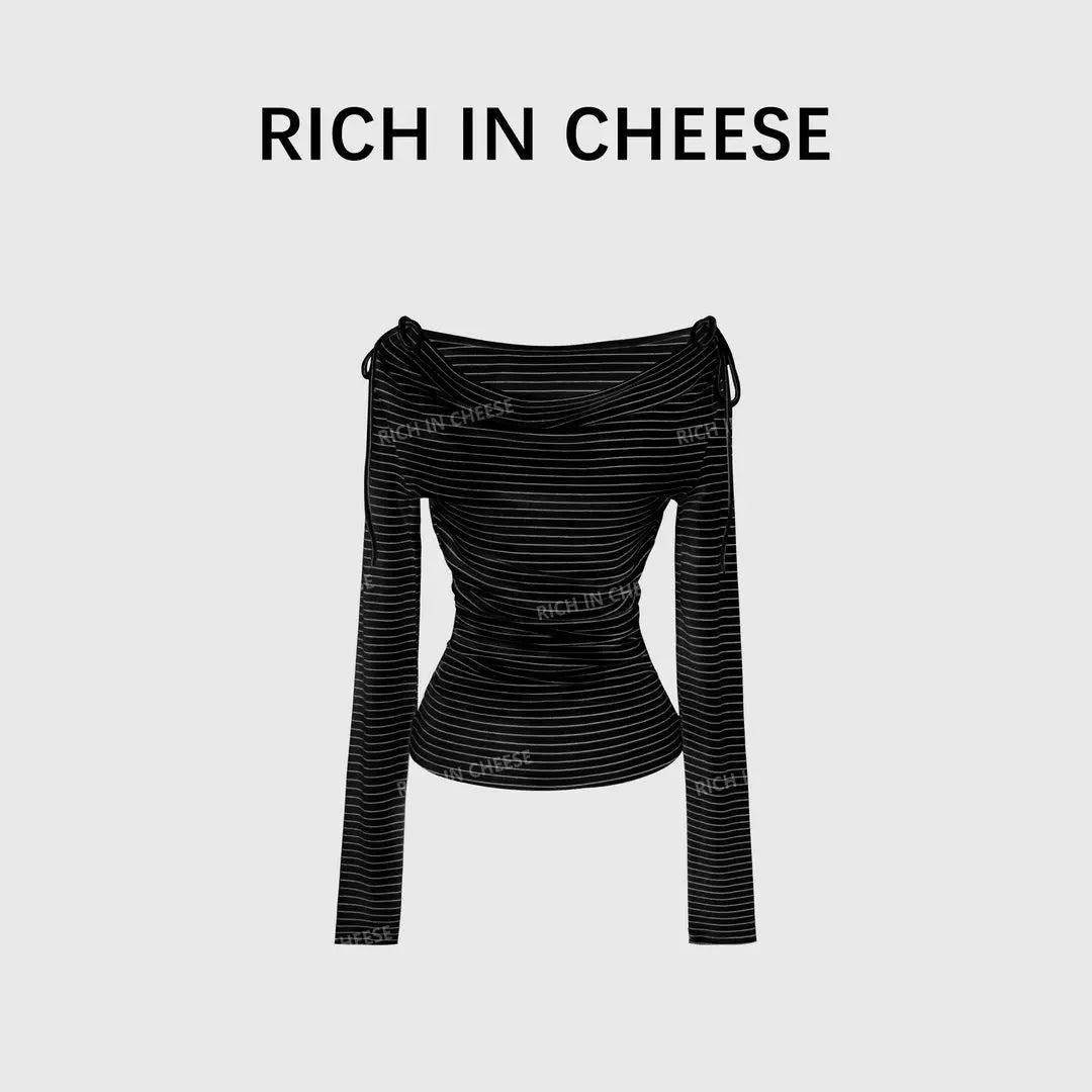 RICH IN CHEESE Striped Bow Knitted Long Sleeve