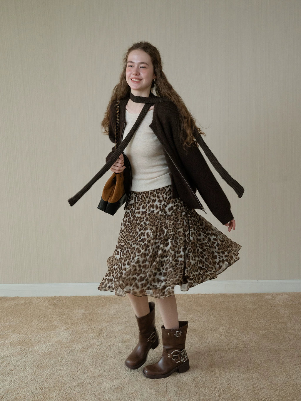EGGKA High Waist Leopard Print Drape Skirt
