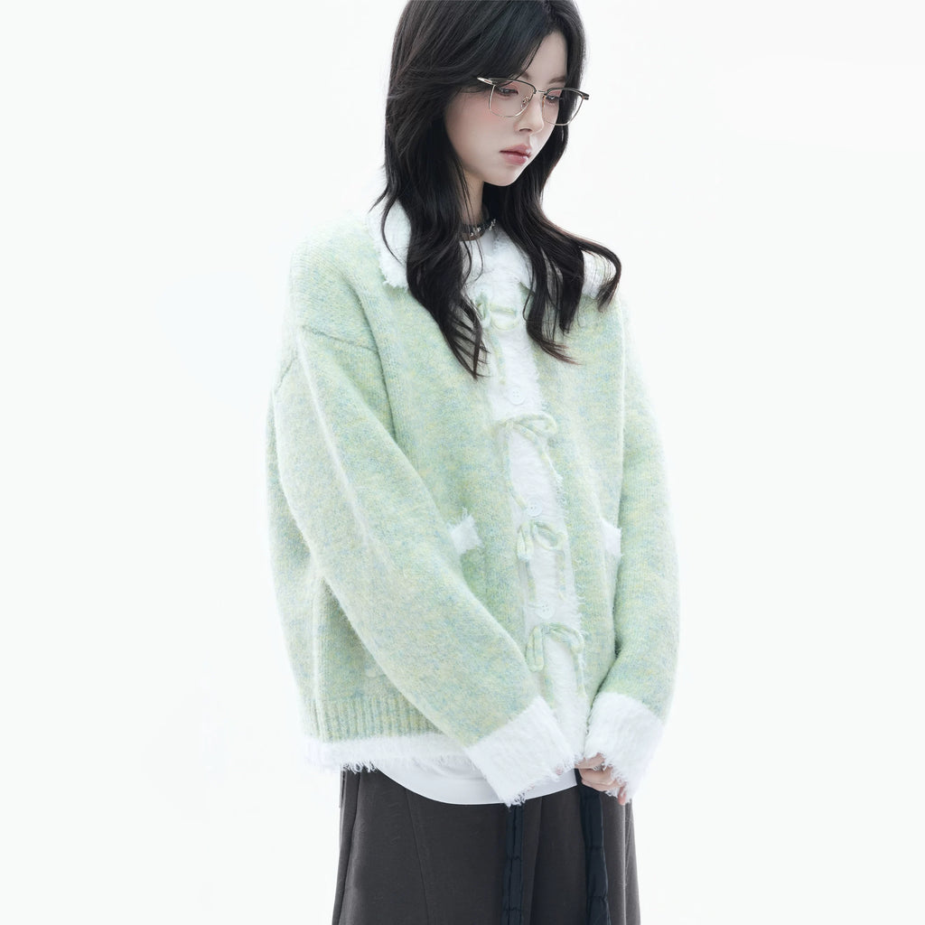 Zuocisankon Contrasting Bow Knitted Cardigan Sweater
