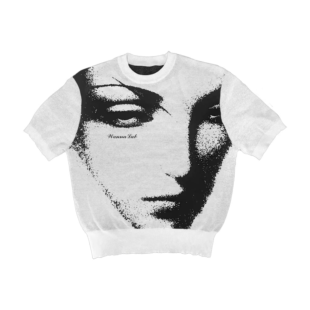 WANNA LAB Face Jacquard Front Shoulder Waist Knitted Tee
