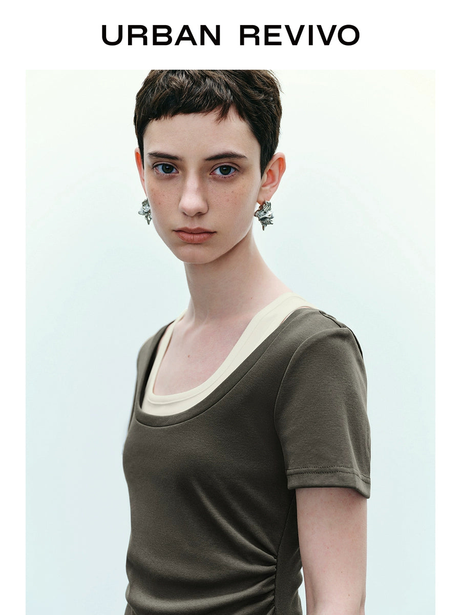 URBAN REVIVO Contrasting Splicing Fake Two-piece Pleated Short-sleeved Dress