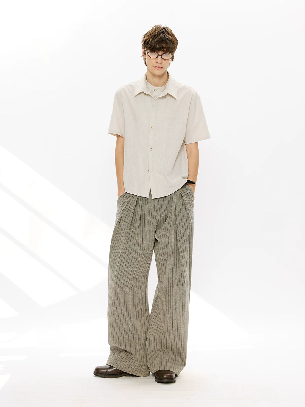 KREATE Striped Linen Pleated Texture Drape A Word Casual Trousers