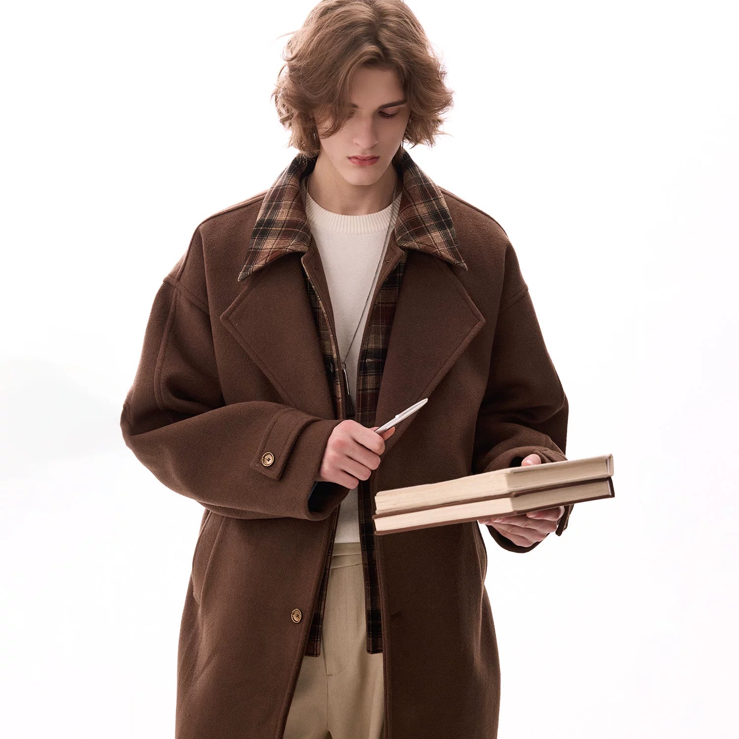 CHOR Casual Plaid Stitching Fake Two-piece Woolen Jacket