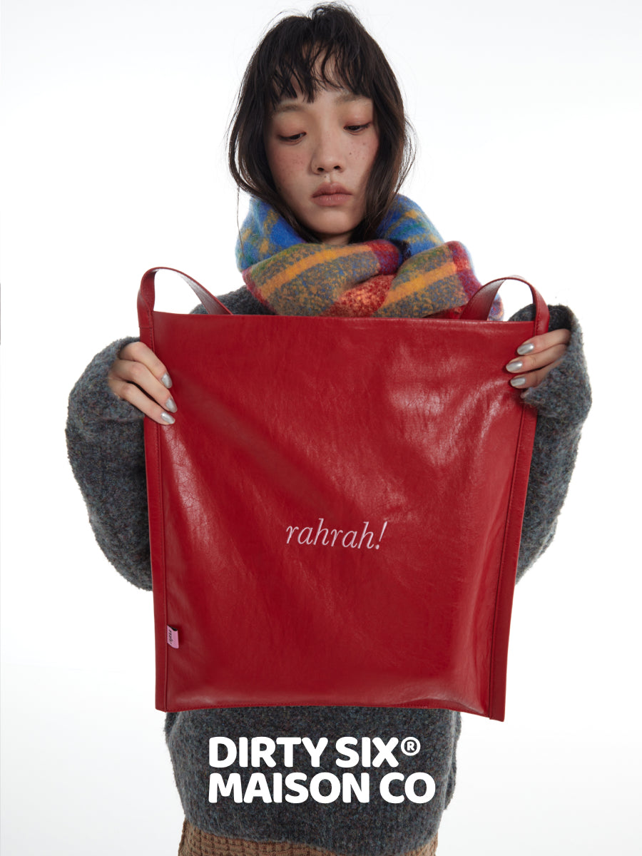 DirtySix "rahrah!" contrasting embroidery large-capacity soft leather tote bag