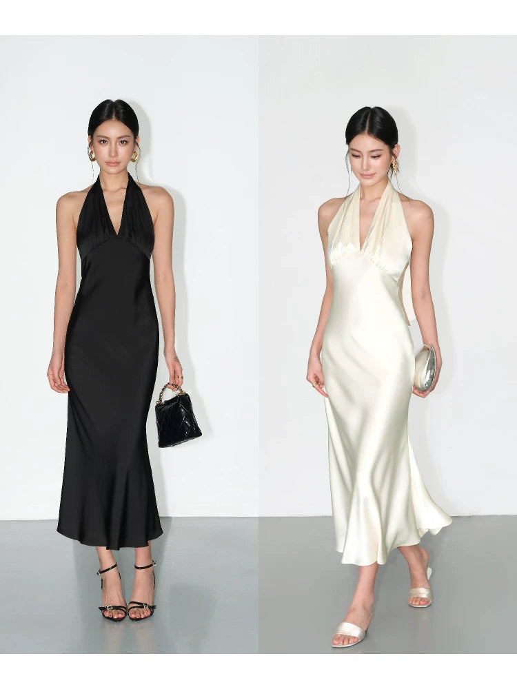 NEVA HU Satin V-neck Neck Dress