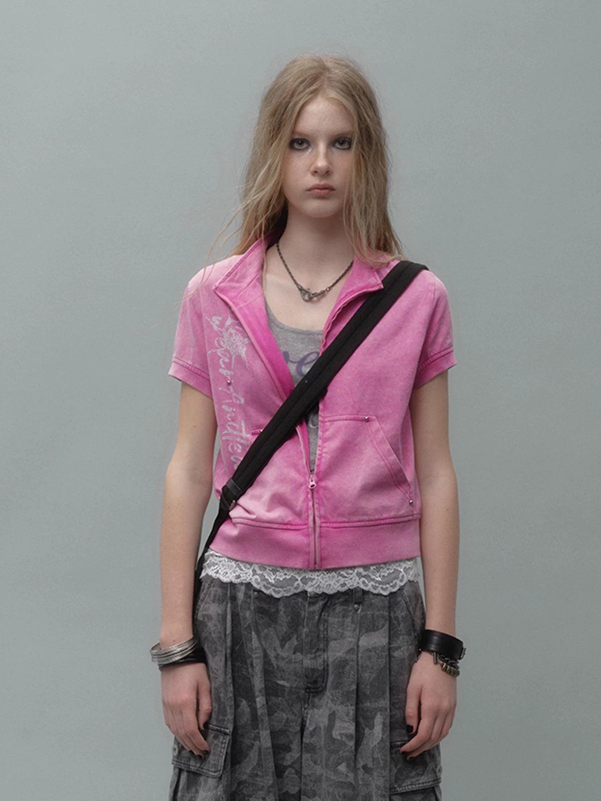 WearAndtear Stand Neck Rivet Short Stacked Tee