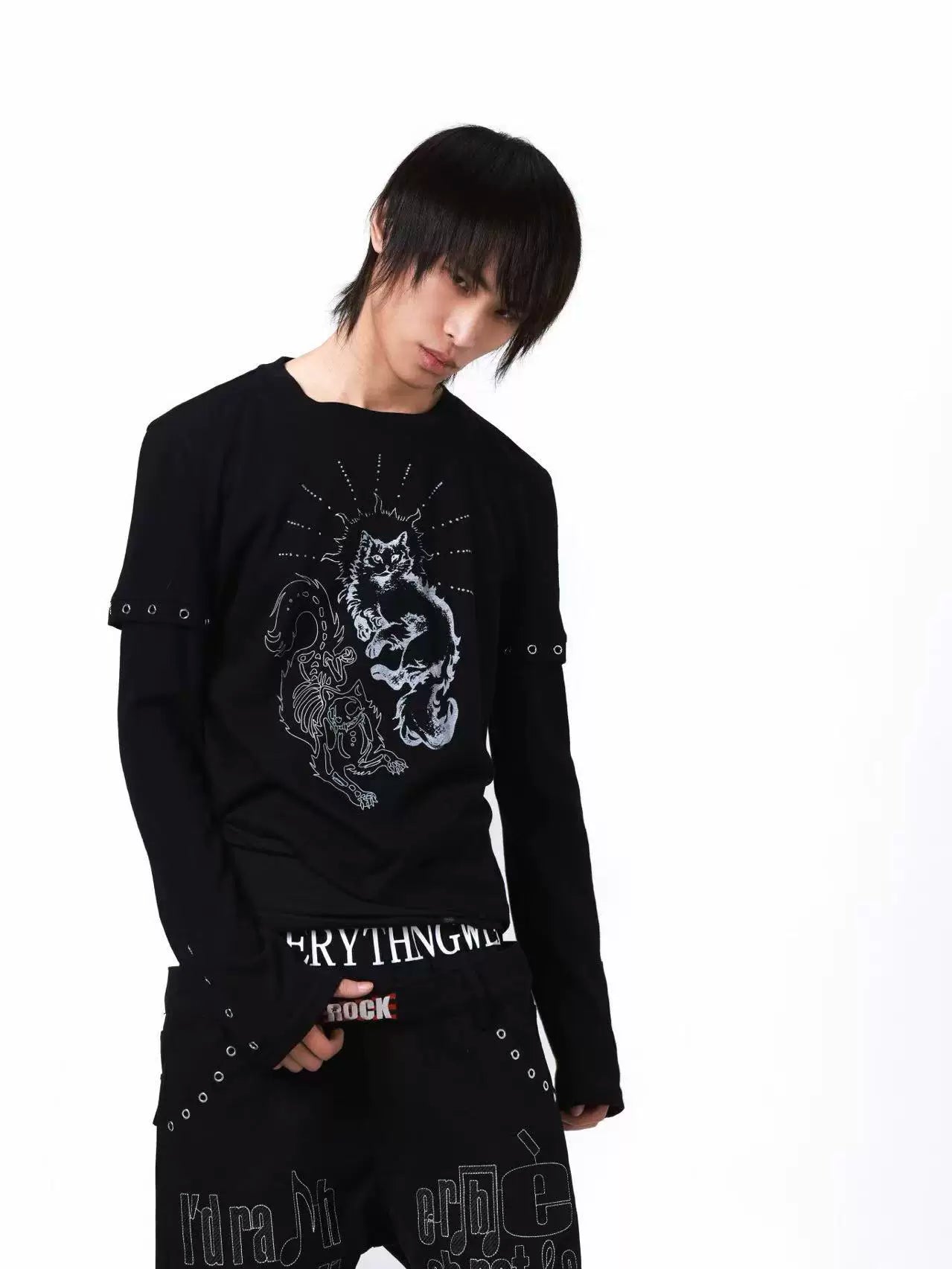 DETW Fake Two Pieces Micro-elastic Thin Metal Embellished Long Sleeves