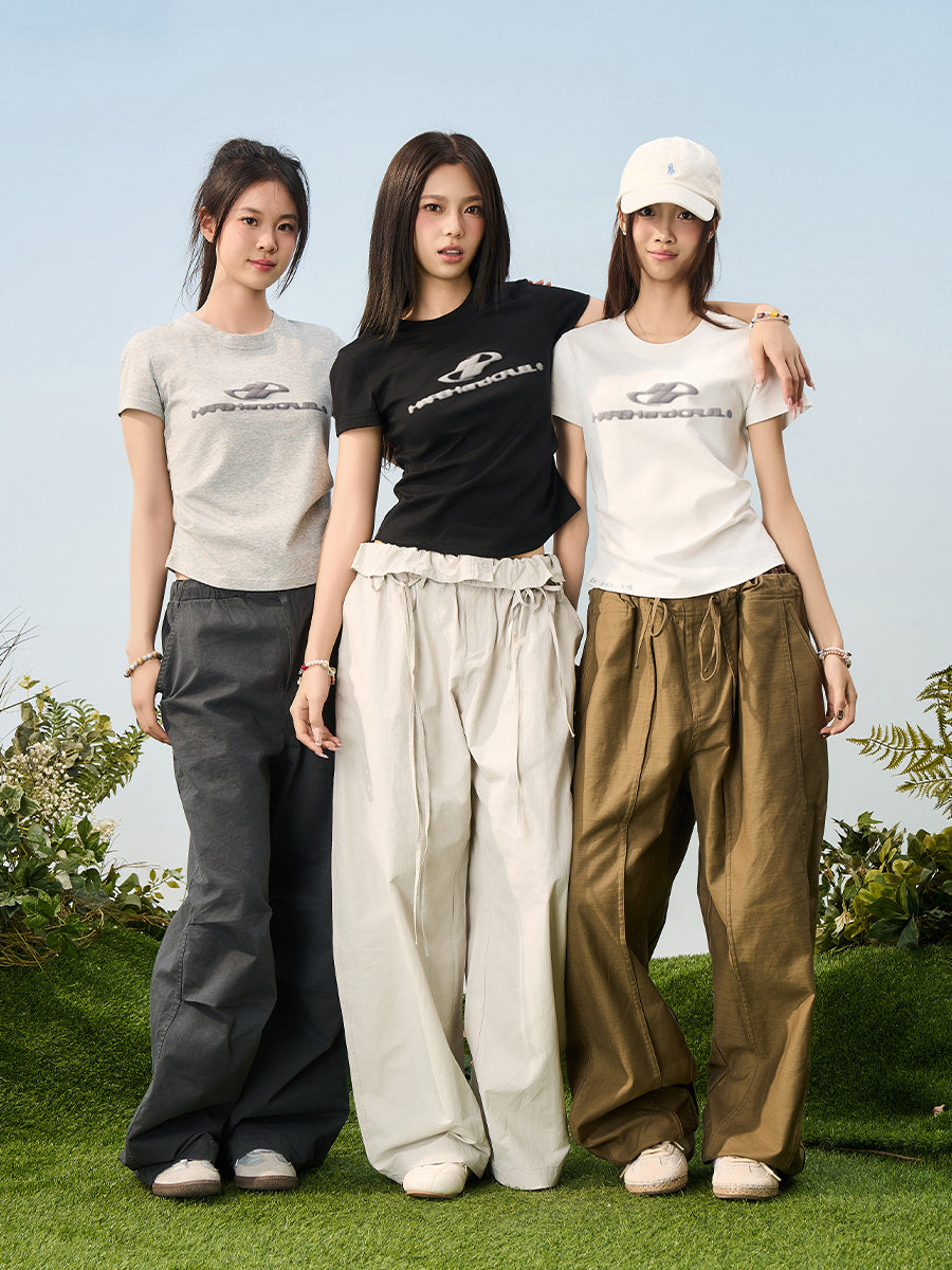 HACR Elastic Knitted Logo Front Shoulder Waist Tee