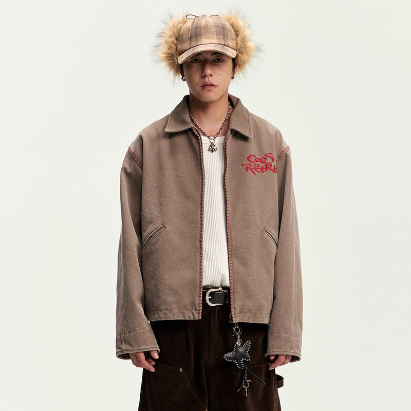 CoosRetro Vintage One-Word Embroidered Craft Shirt Jacket