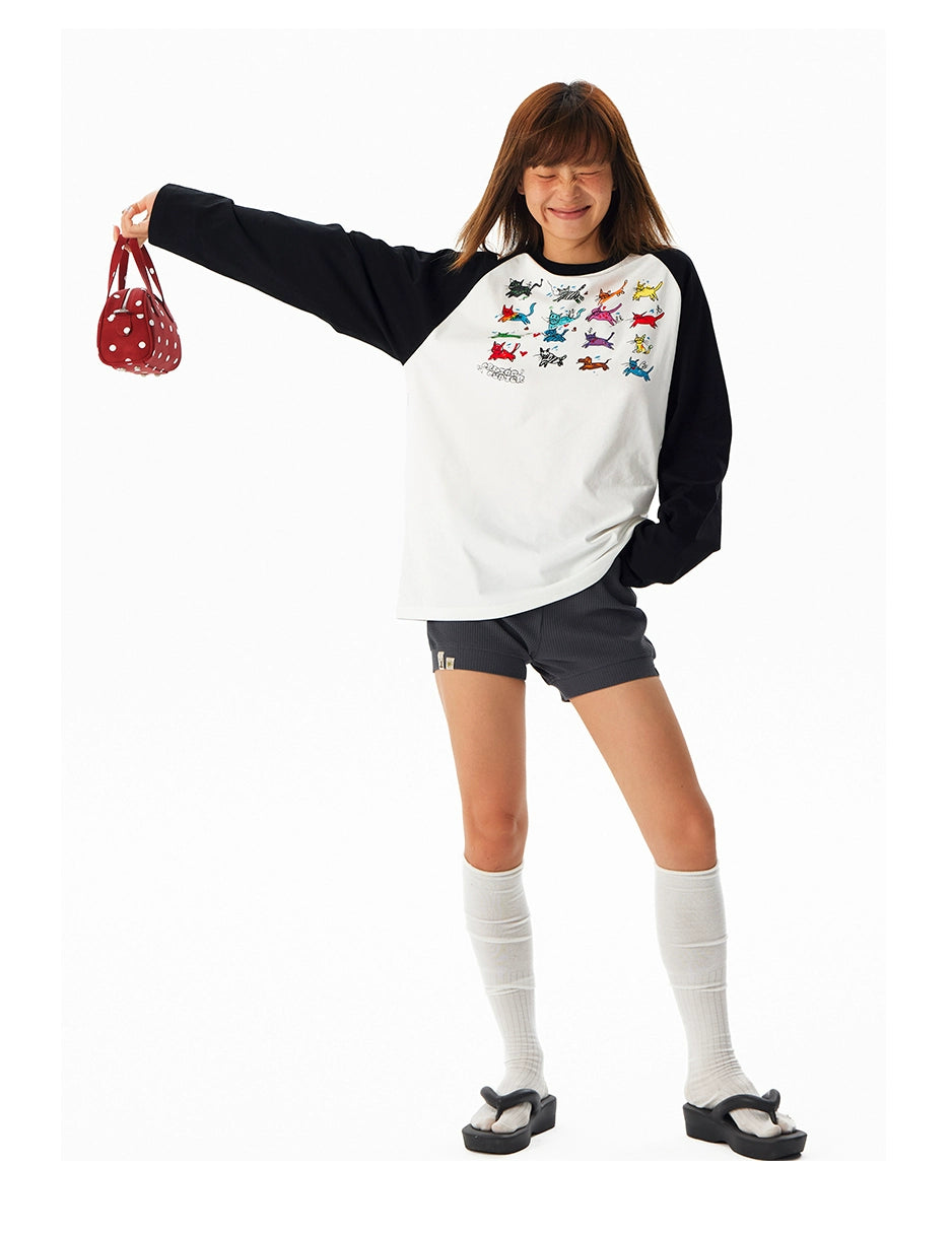 CryingCenter Cute Kitten Hand-painted Shoulder Ruffle Long Sleeve