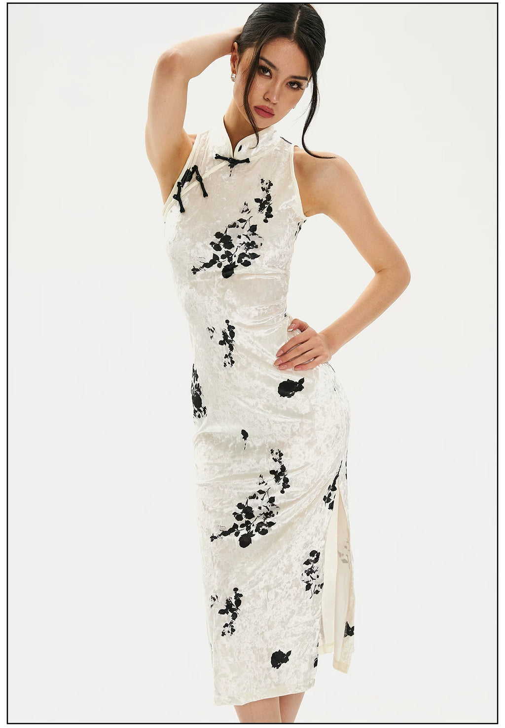 FINDYAWINGS Waist Ink Printing Long Cheongsam Dress
