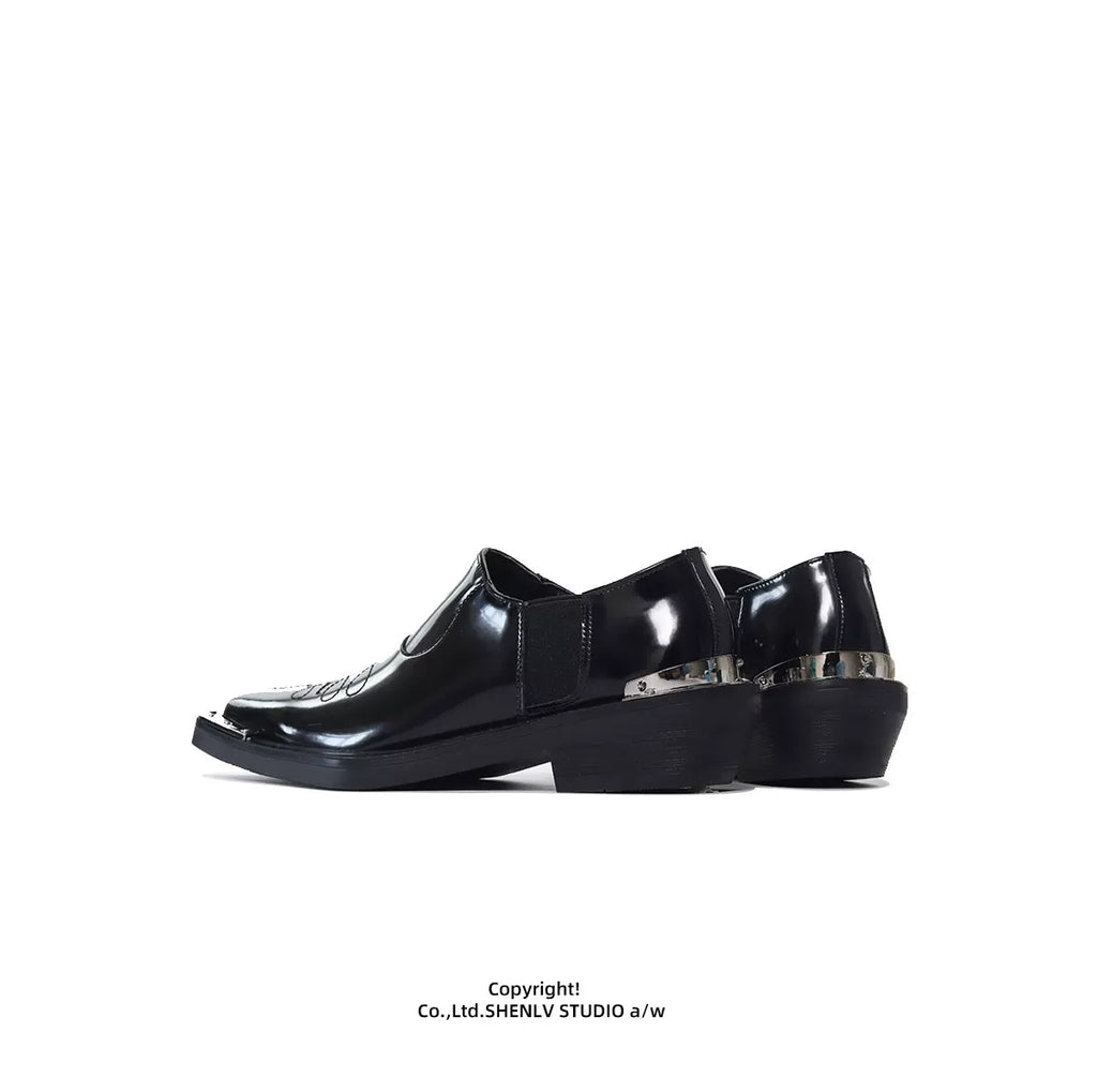 SHENLV STUDIO Square Head Embroidery One-pedal High-heeled Leather Shoes