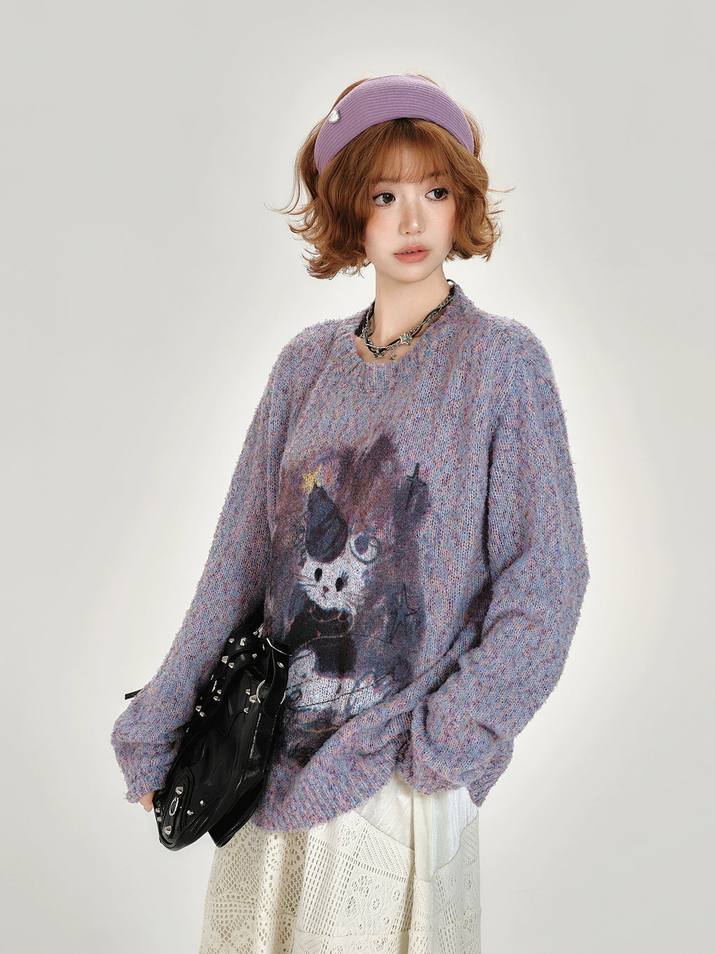 Girlyhalo Vintage Print Pullover Crew Neck Knitted Sweater