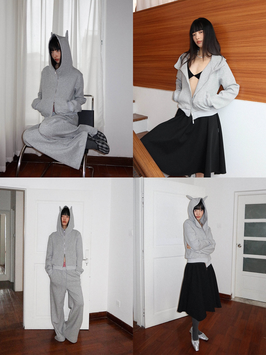 FUNKYFUN Short Stand-up Collar Devil Horn Hooded Cardigan Sweater