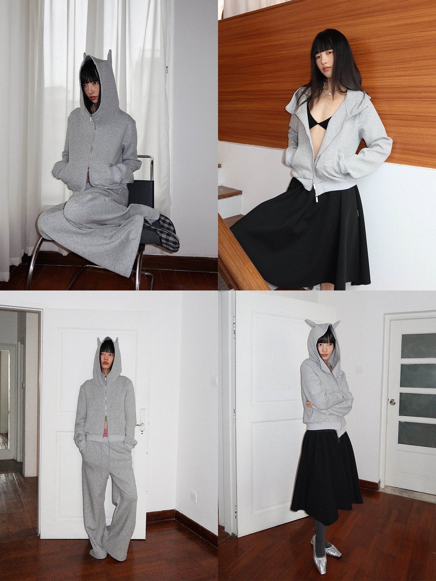 FUNKYFUN Short Stand-up Collar Devil Horn Hooded Cardigan Sweater