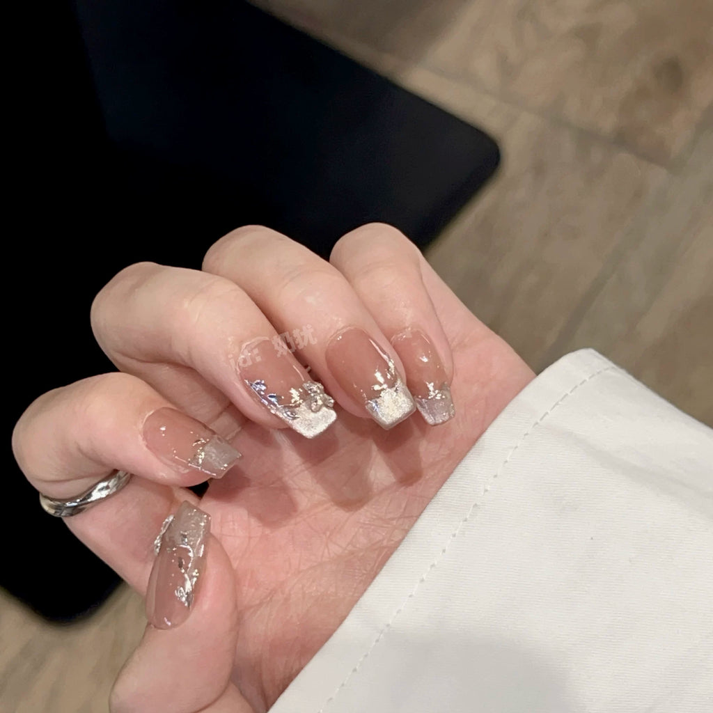 Beetle Nails Champagne Silver Hand-Painted Press-On Nails