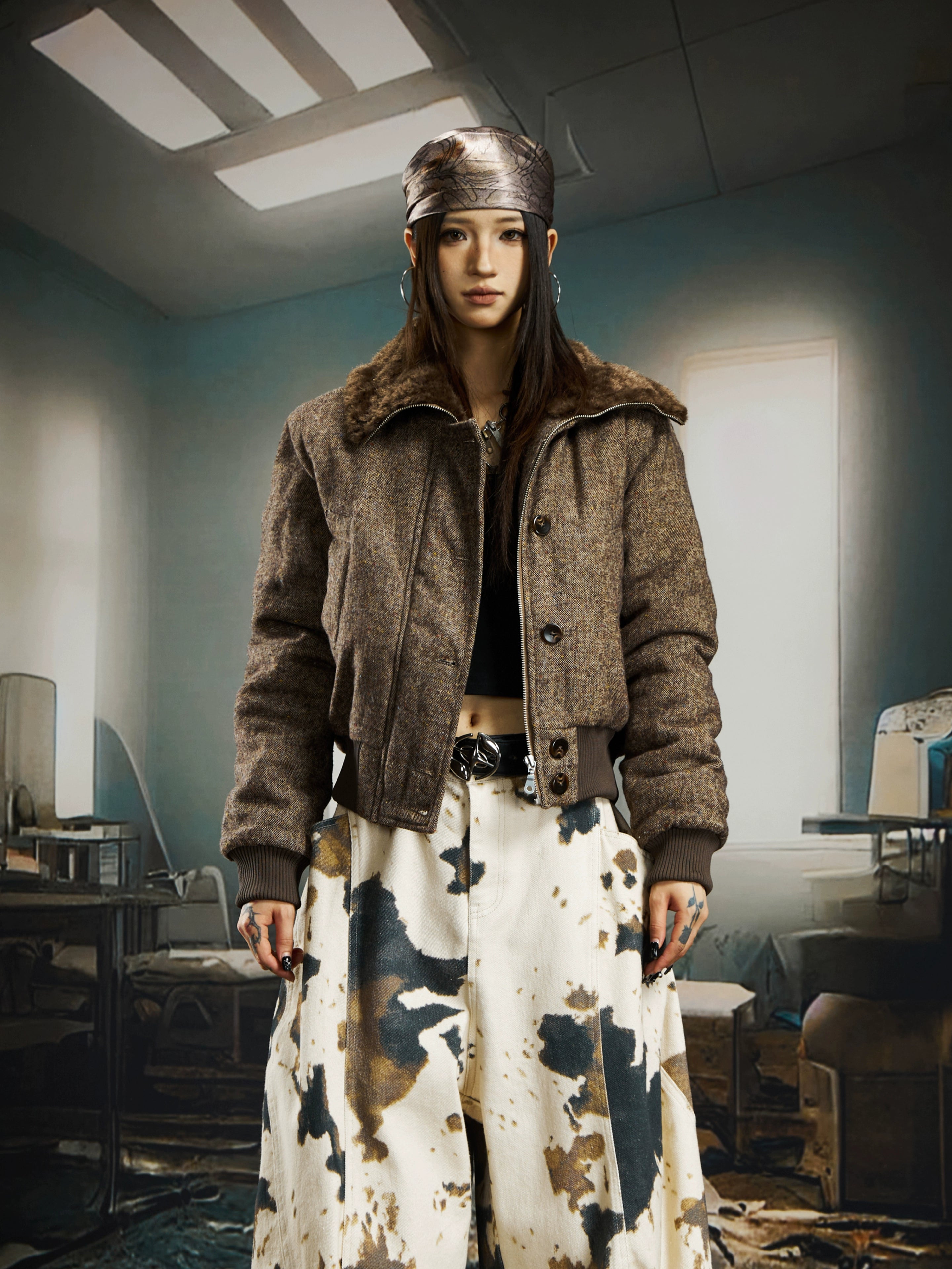 NOMANIAI Wool Lapel Retro Short Cotton-padded Clothes