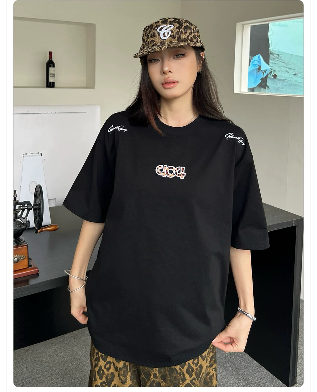 404MOB Leopard Print Alphabet Embroidered Round Neck Versatile Tee