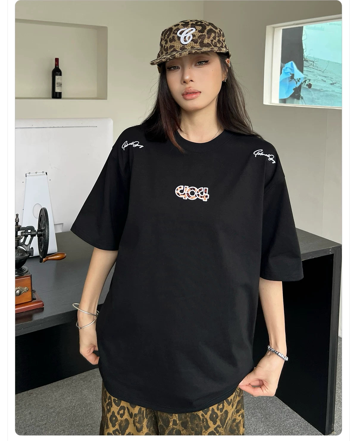 404MOB Leopard Print Alphabet Embroidered Round Neck Versatile Tee