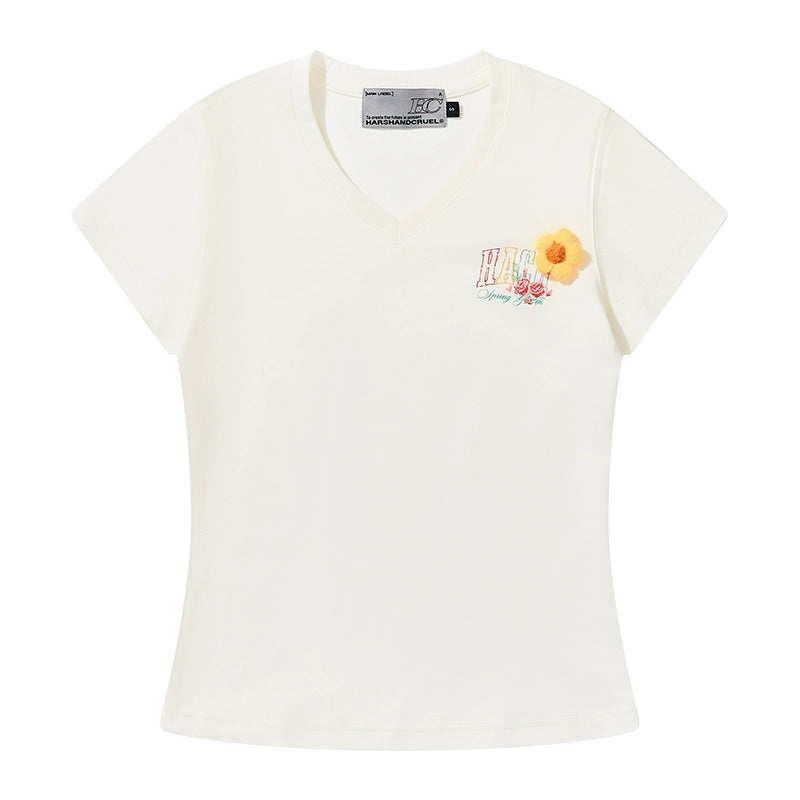 HACR Wool Small Flower Elastic Slim V-neck Tee