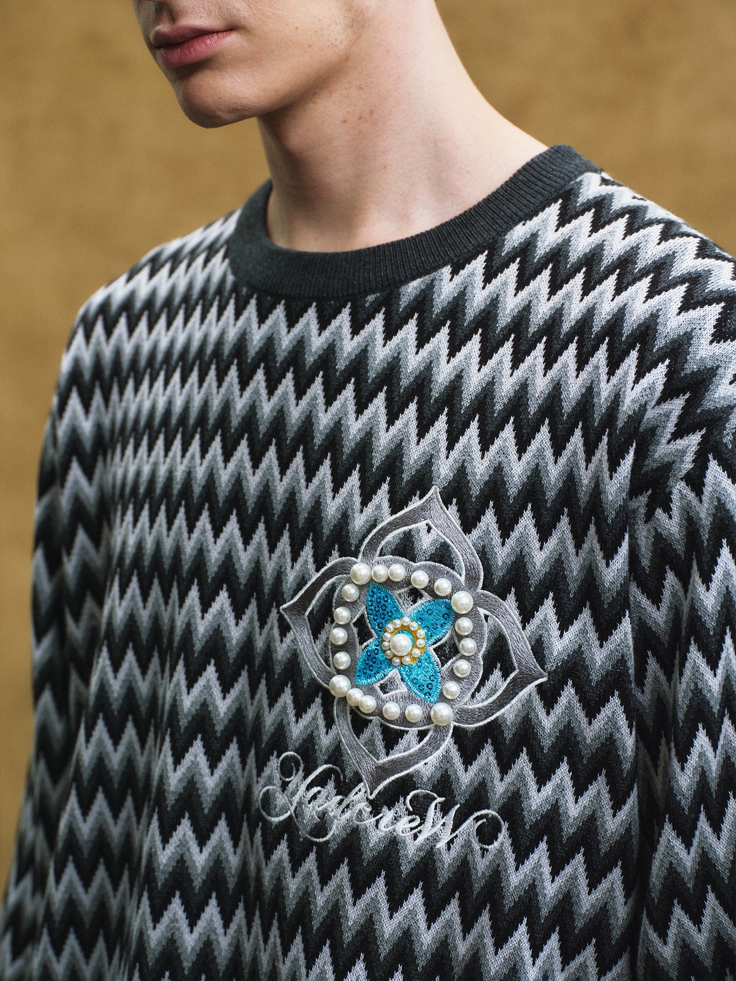 YADcrew Casual Beaded Cross Flower Wavy Knitted Sweater