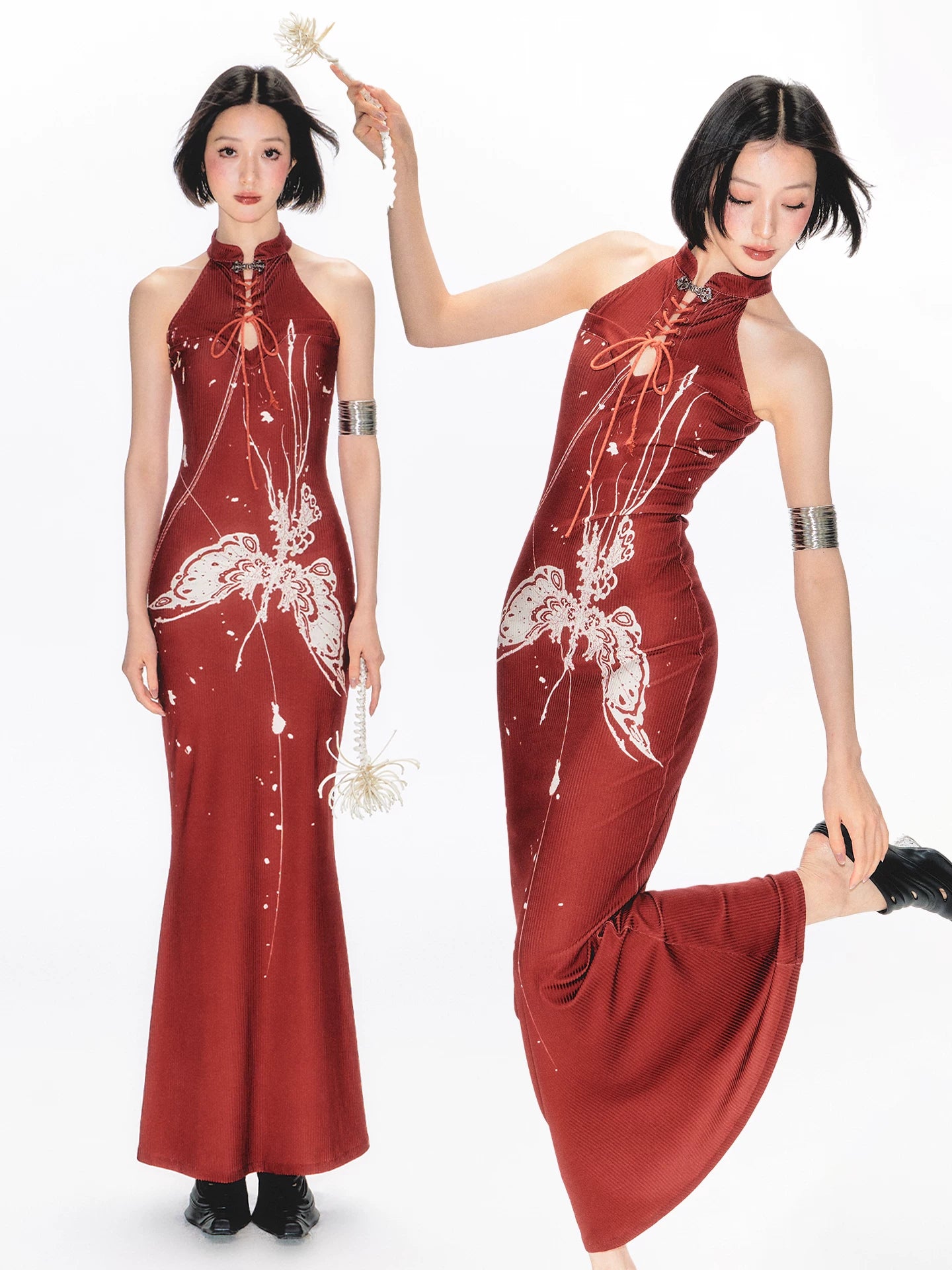 YEDM Butterfly Snake Print Cheongsam Dress