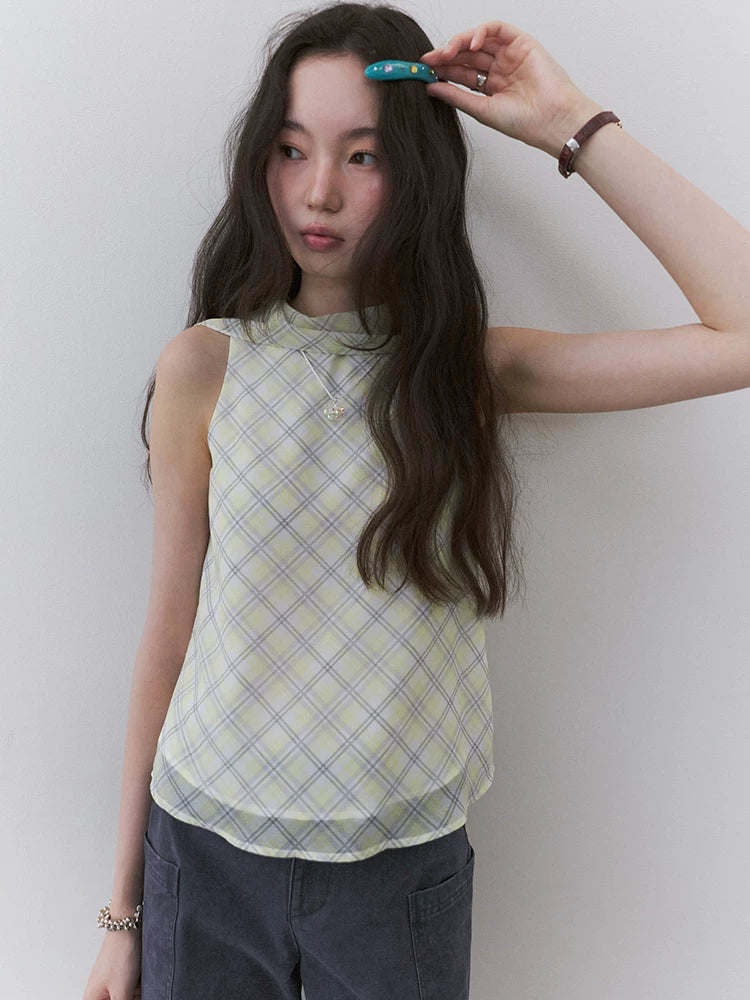 VOOE Contrasting Color Plaid Streamer Vest Shirt