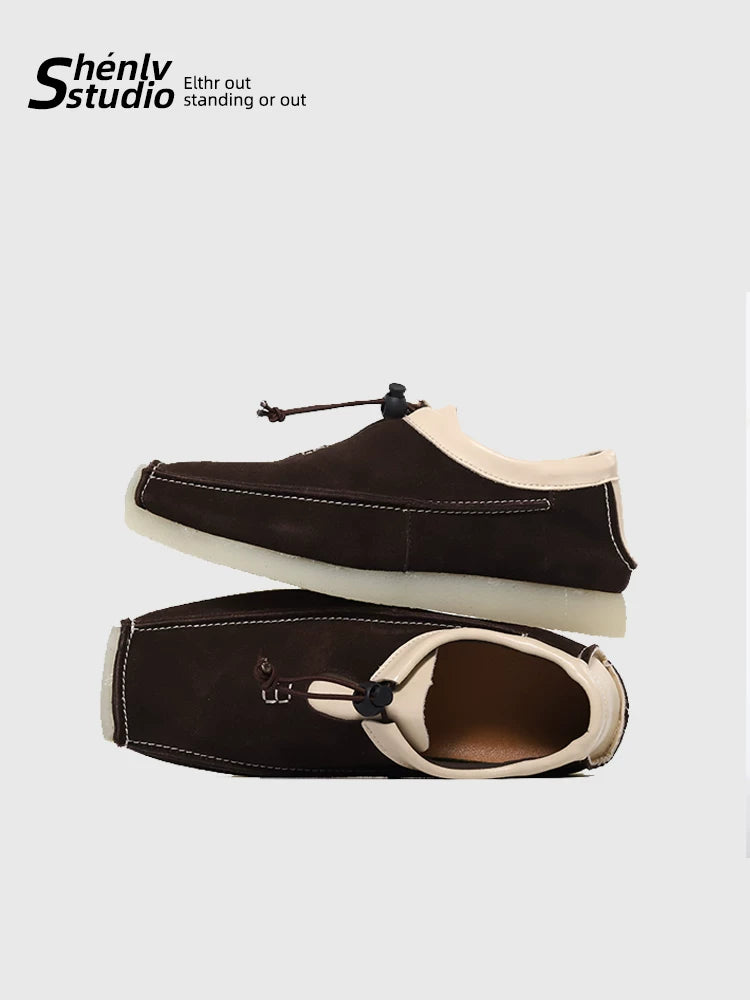 SHENLV STUDIO Suede Color Matching Square Head Flip Leather Shoes