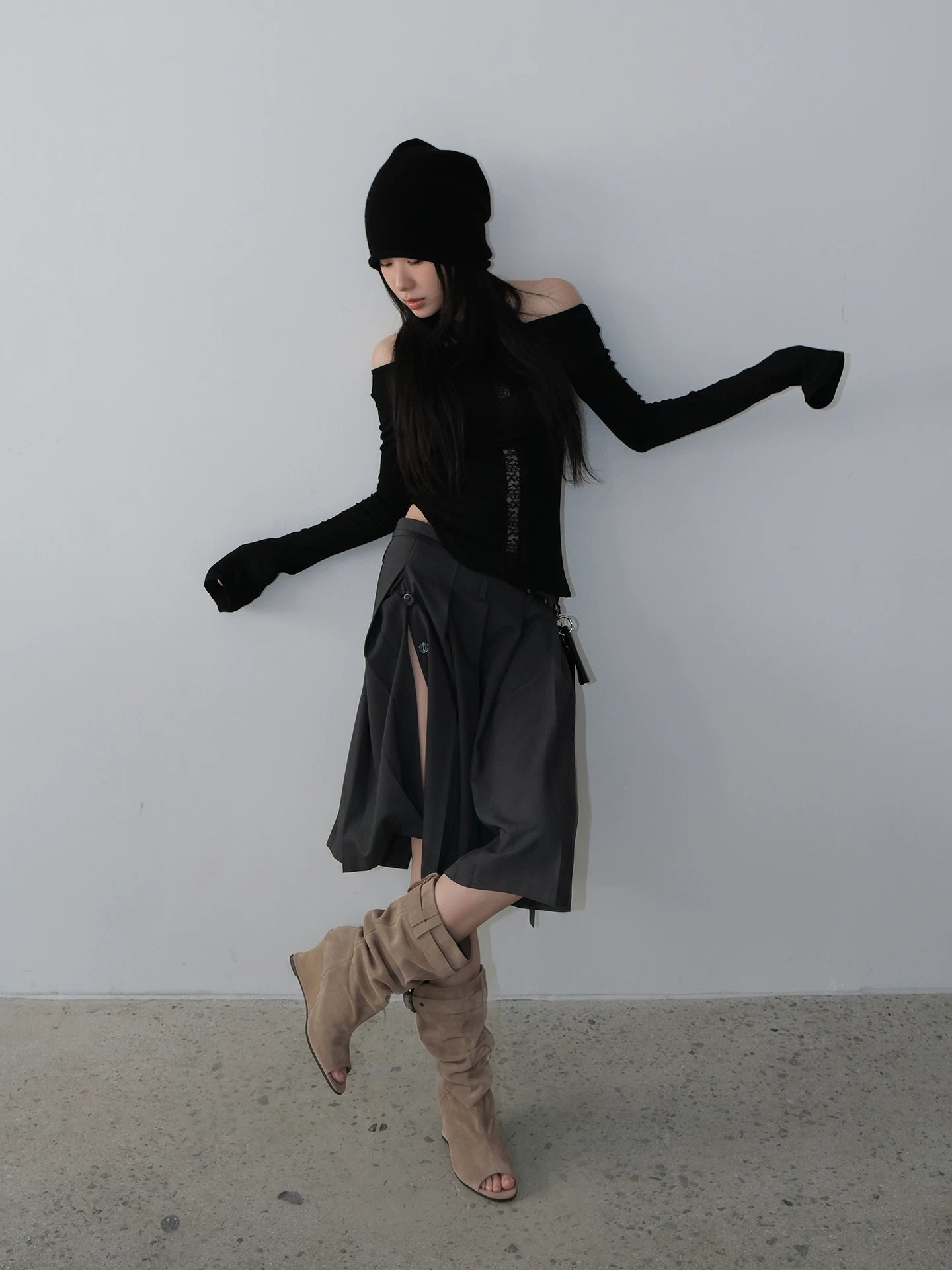 Mooreyu Vintage Belt Buckle Slope Heel Cool Boots