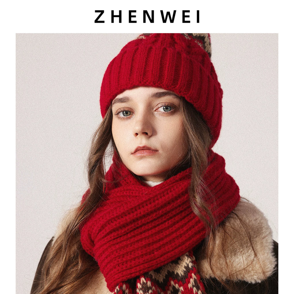 ZHENWEI Knitted Jacquard Thermal Suit Hat Scarf