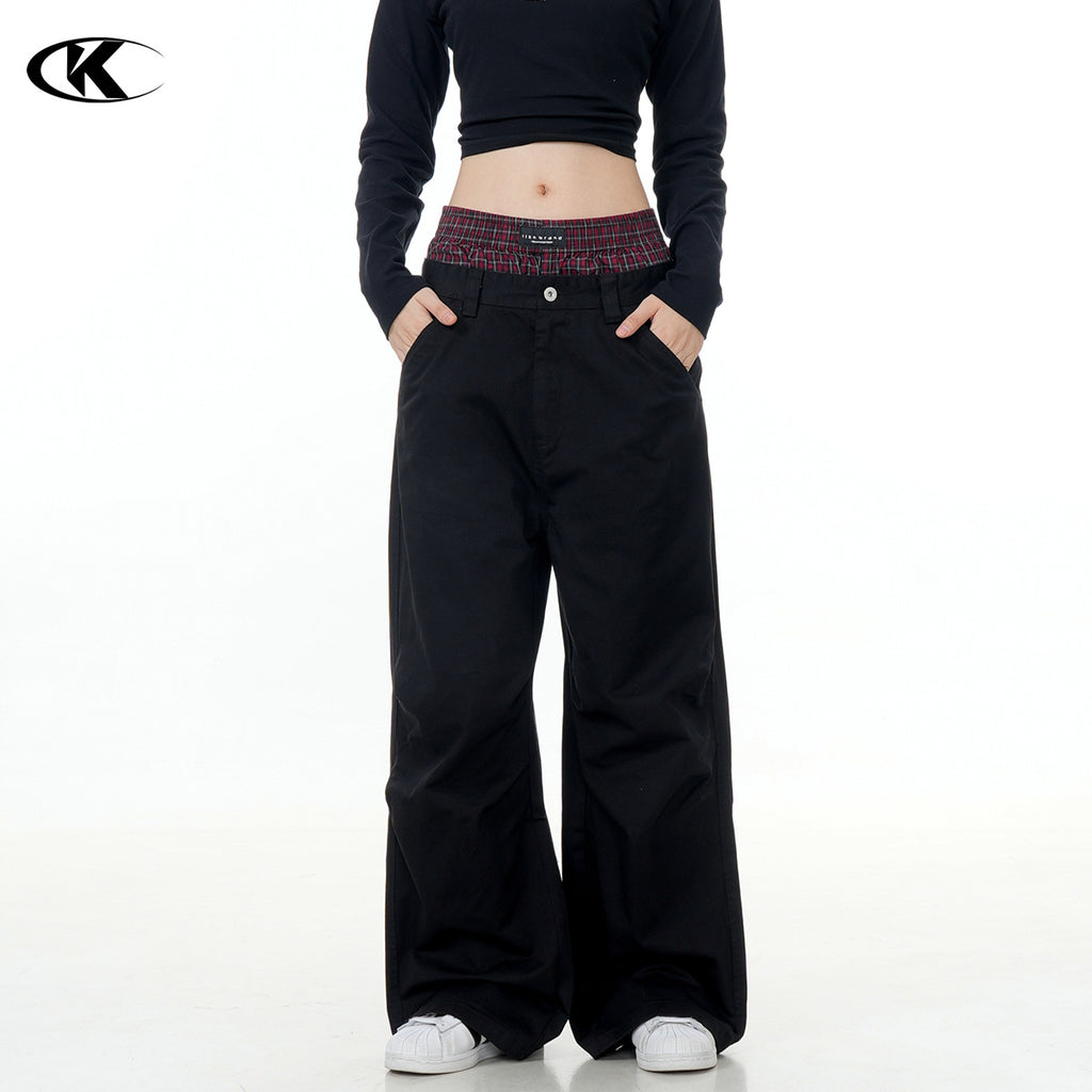 11KN Plaid Splicing Casual Straight-leg Pants