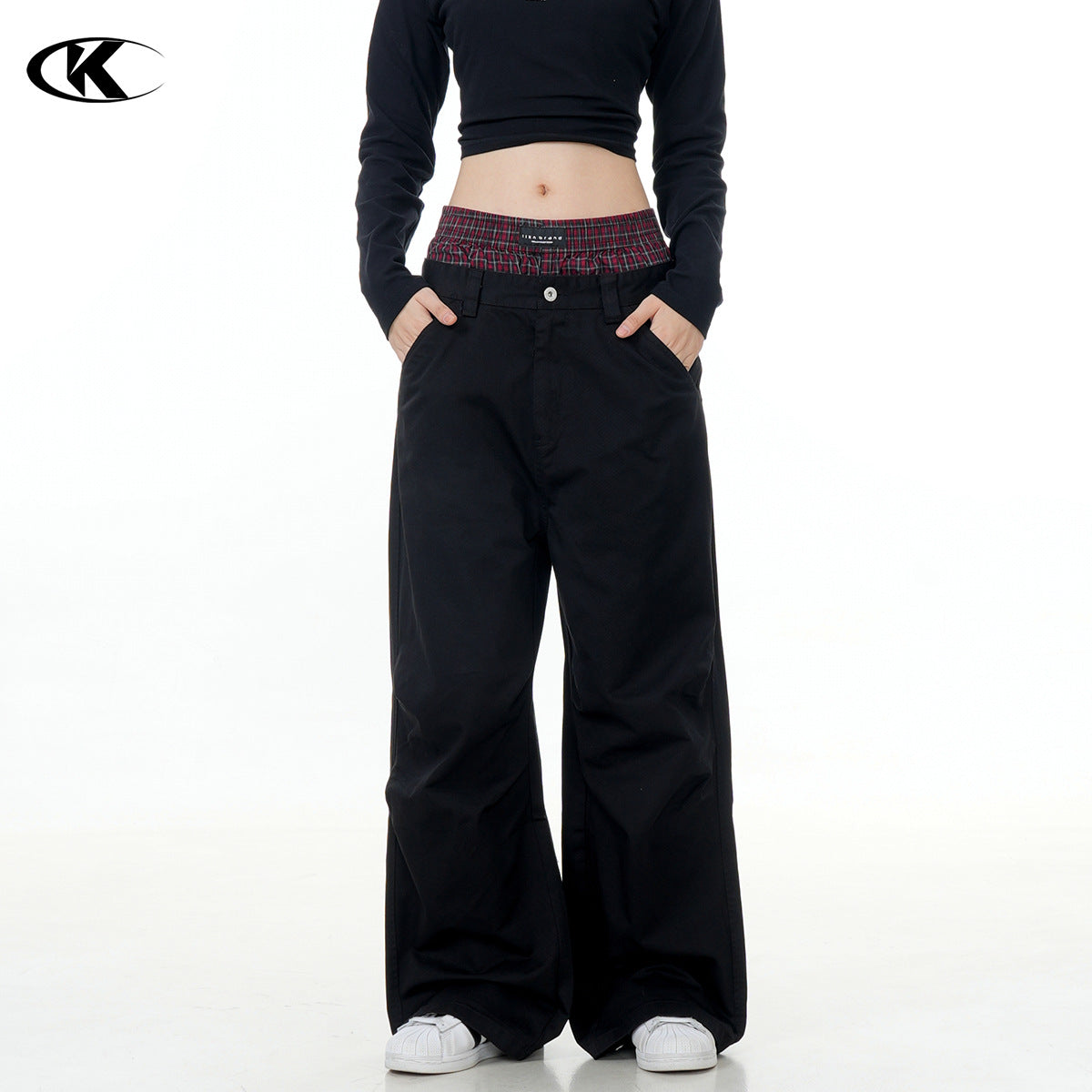 11KN Plaid Splicing Casual Straight-leg Pants