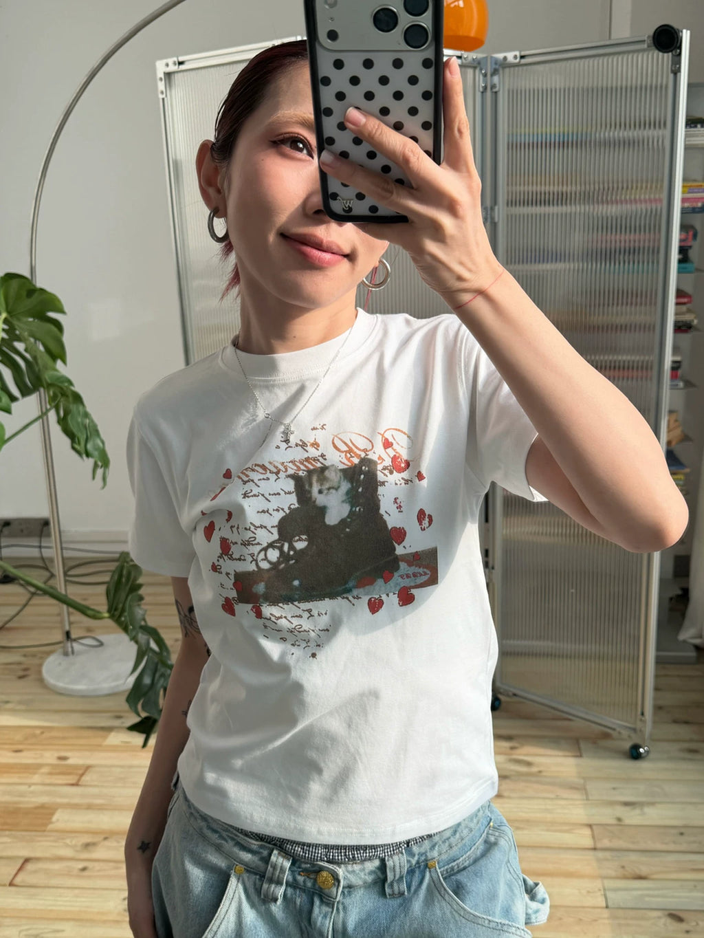MMBBT Cartoon Kitten Print Front Shoulder Tee