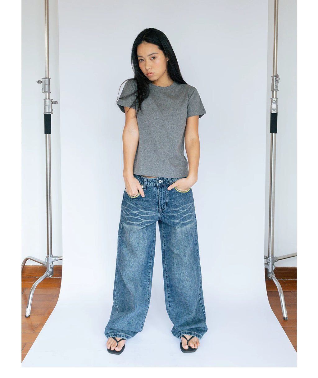 FUNKYFUN Retro Old Contrasting Embroidered Jeans