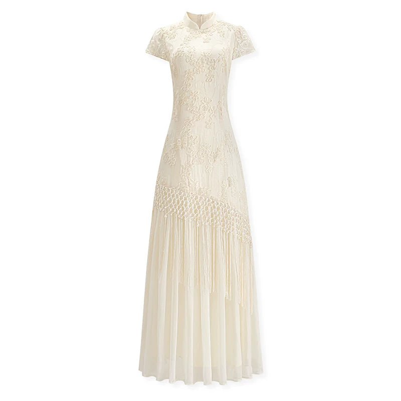 ZIHE Pinched Waist Fringed Splicing Dress