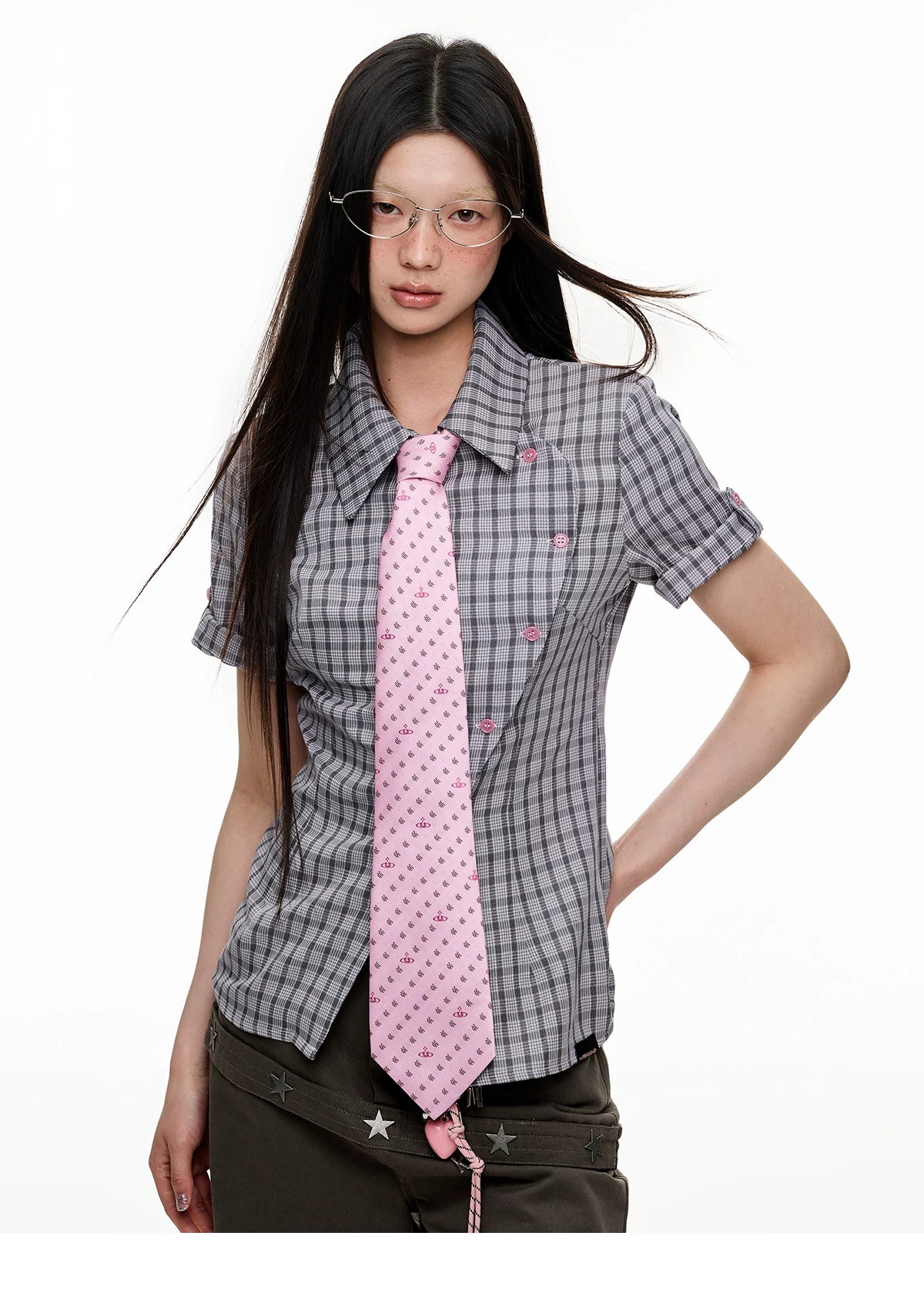 JIKOO Contrasting Checked Waist Shirt