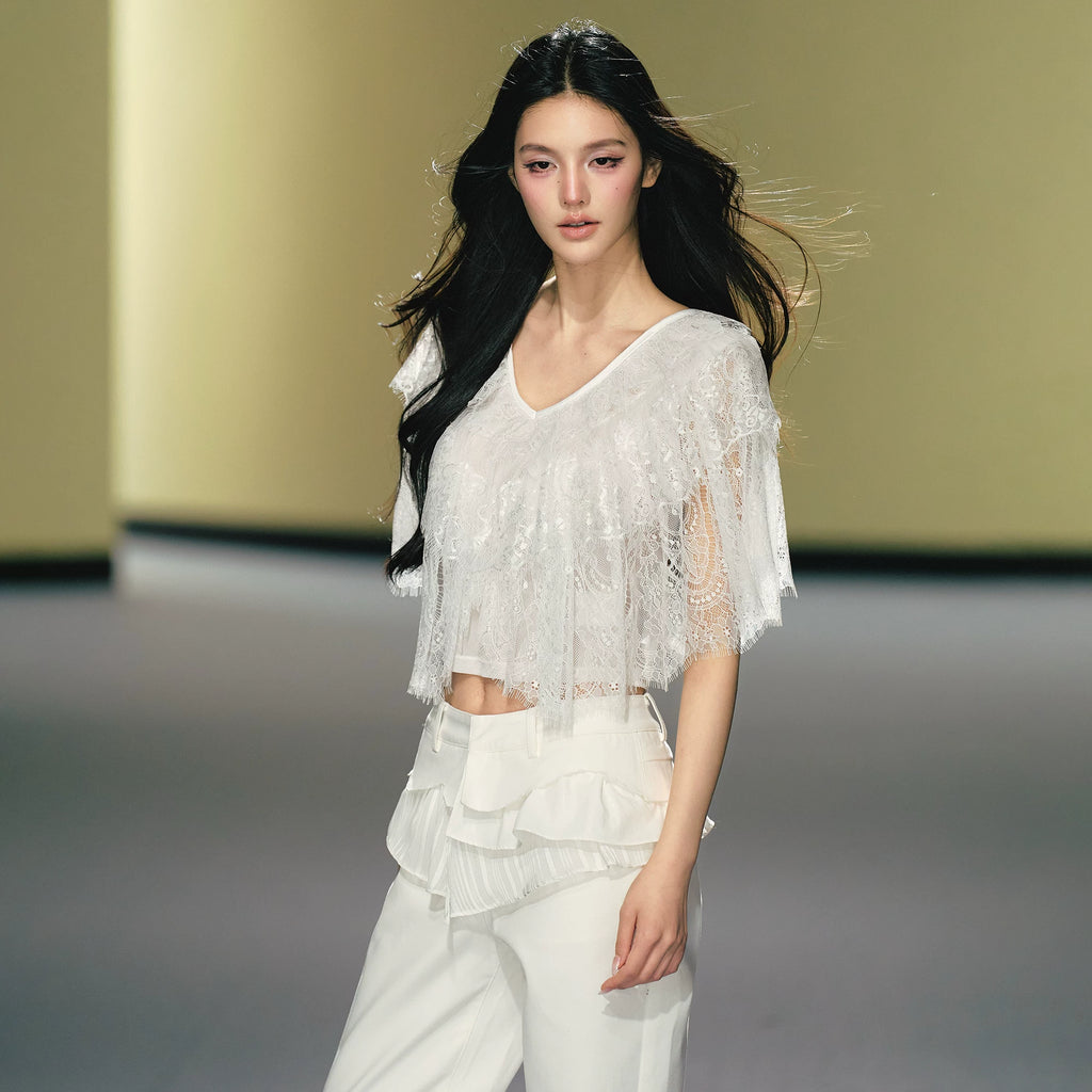 AGAM V-neck Multi-layer Lace Tee