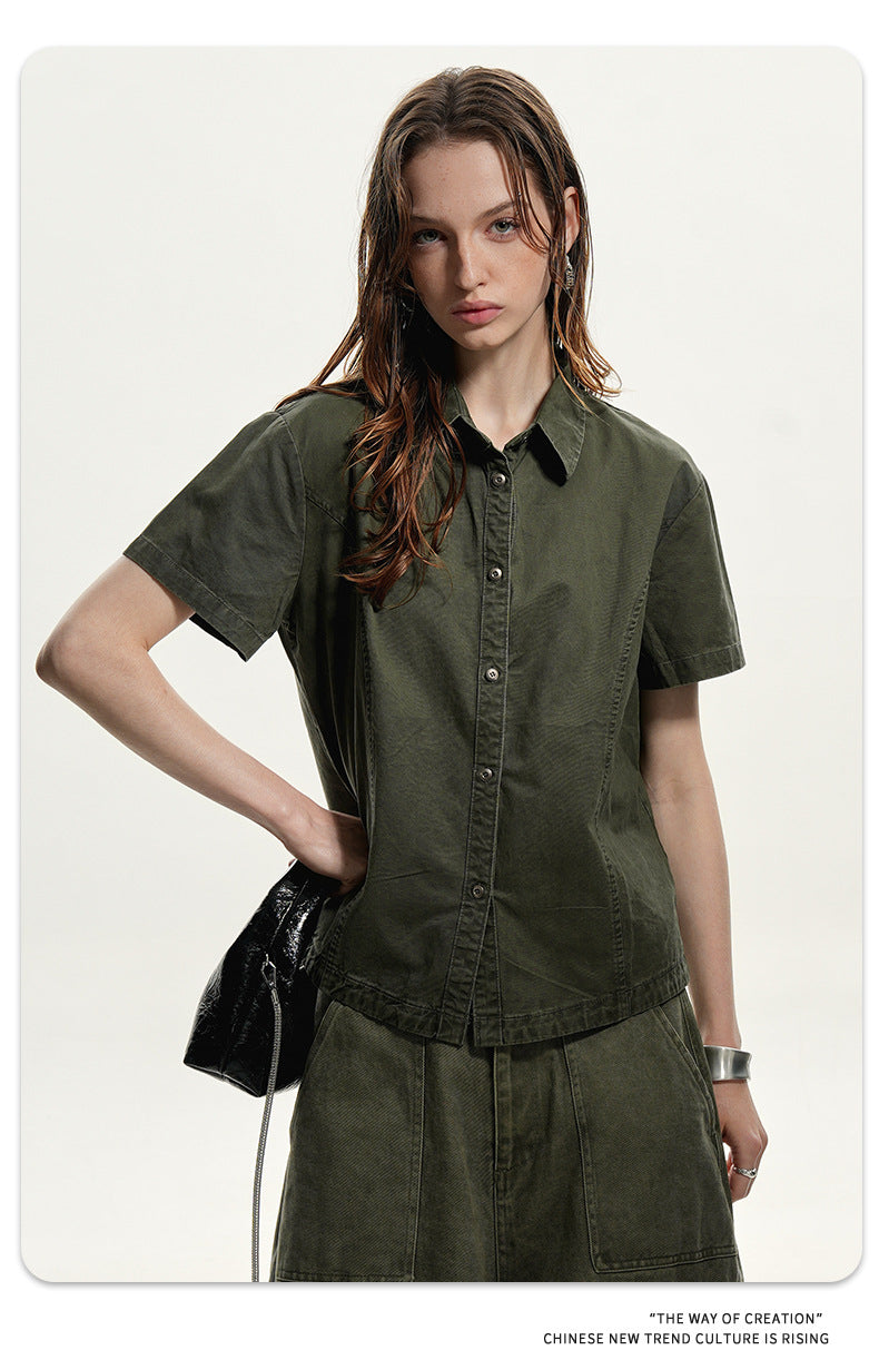 11KN Vintage Simple Loose Casual Lapel Shoulder Shirt