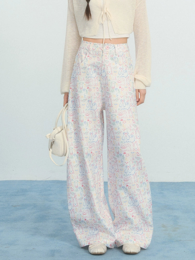 Umoumo Loose Color Puppy Graffiti Printed Casual Pants